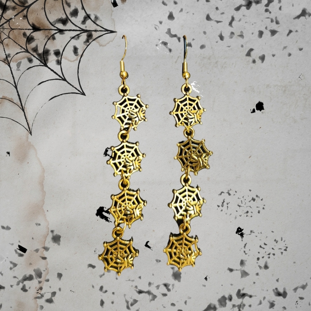 Gold Spider Web Dangle Earrings